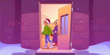 Children in Santa hats open house door in winter holiday evening. Vector cartoon illustration of cute boy and girl characters looking at snow in yard from home porch, snowy weather on Christmas eve