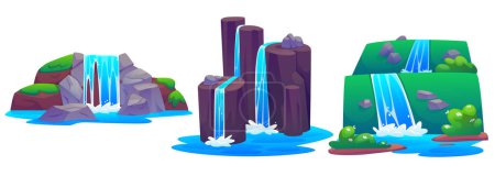 Ilustración de Conjunto de cascadas rocosas aisladas sobre fondo blanco. Dibujos animados vectoriales ilustración del agua del río que fluye por cascada de piedra, hierba verde y flores en la colina, bosque tropical, elementos de diseño del parque - Imagen libre de derechos