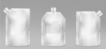 3D Beutel Set isoliert auf transparentem Hintergrund. Vektor realistische Darstellung weißer Doypacks mit Plastikkappe, Leerraum für Branding, Folienverpackung für Lebensmittel, flüssige Substanz, Seifennachfüllung