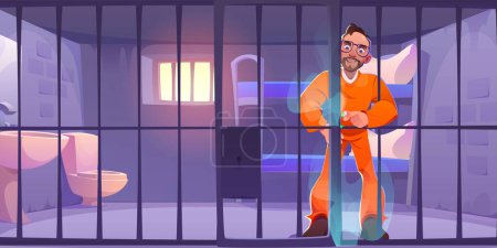 Prisoner try escape from jail cell illustration. Criminal person in prison cage behind lock door in uniform. Security for single thief with steel bars in punishment camp interior with bed and toilet