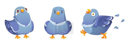 Cute pigeon cartoon character in different poses and with face emotions. Blue comic bird with beak and wings standing with tears, suspicious and frightened walking. Vector set of urban dove mascot.