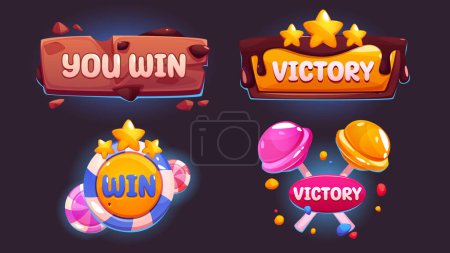 Win level game ui design button for interface. Sweet candy element for victory badge and star score mobile graphic menu kit. Lollipop banner for candyland fantasy popup box. Sugar dessert app icon