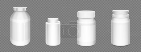 3d botella de plástico blanco píldora. Suplemento paquete contenedor maqueta. Frasco de medicamento para cápsula, medicamento, proteína o aspirina con plantilla de etiqueta de prescripción vacía y tapa. Paquete farmacéutico maqueta
