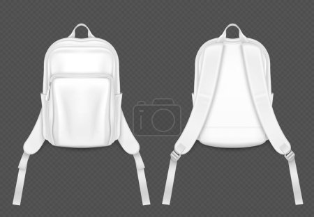 White 3d school or sport backpack mockup vector. Student bag with strap realistic design isolated illustration. Blank pack with zipper clipart template set. Casual front and back textile satchel