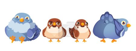 Mignon personnage de dessin animé pigeon et moineau. Ensemble d'illustrations vectorielles d'oiseaux comiques dans différentes poses et avec des émotions faciales. Mascotte de colombe urbaine et rouge-gorge avec bec et ailes debout et assis.
