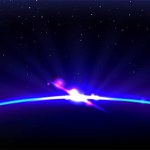 Purple planet and sun eclipse light on space horizon bg. Abstract blue sunrise in starry sky with flare at night. Bright astronomy edge shine view. 3d fantasy solar ray outer realistic effect