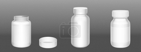 3d botella de plástico blanco píldora. Suplemento paquete contenedor maqueta. Frasco de medicamento para cápsula, medicamento, proteína o aspirina con plantilla de etiqueta de prescripción vacía y tapa. Paquete farmacéutico maqueta