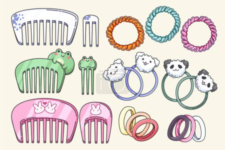 Girlish cartoon hair accessories set - comb, plastic and elastic scrunchy. Vector illustration collection of cute feminine head beauty decoration brushes and bands for hairdressing and grooming.