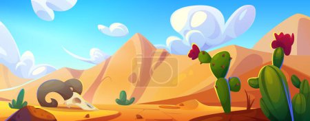 Ilustración de Arizona paisaje desértico con dibujos animados de cactus. Escena salvaje del oeste de México con cráneo de toro y montaña sobre arena. Sáhara seco tierra juego escenografía diseño. 2d calor Panorama de vegetación de Texas con roca y cactus - Imagen libre de derechos