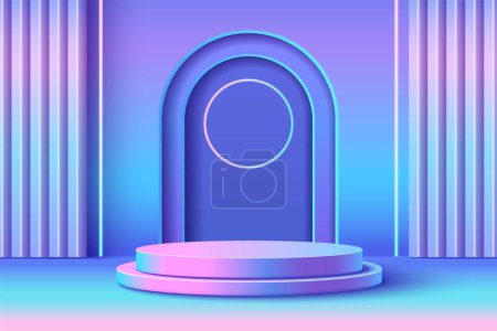 3D abstrakte rosa blaue Hologramm Podium Hintergrund. Zylinderbühne zur Darstellung kosmetischer Produkte mit sanftem holographischen Verlauf. Hochwertige Schönheitsvitrine in hell realistisch irisierendem modernem Studio mit Bogen