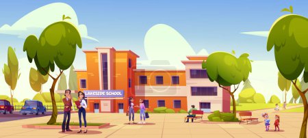 School building exterior with sidewalk, bench and green trees in yard. Cartoon vector illustration of children and teachers in front of public education construction with classrooms on summer day.
