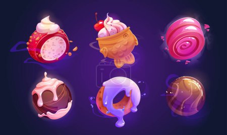 Sweet dessert planets set isolated on background. Vector cartoon illustration of fantasy ice cream and chocolate ball, biscuit cake decorated with cherry, pink jelly roll, magic confectionery planets
