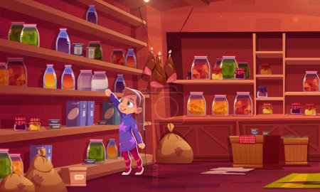 Kleines Mädchen im Kellerabstellraum greift nach einem Glas Saft. Cartoon-Vektor Kind in Speisekammer Interieur mit Holzregalen, Glasflaschen, Kisten und Säcken mit Lebensmitteln und Getränken.