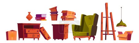 Ancien mobilier de studio d'art isolé sur fond blanc. Illustration vectorielle de fauteuil cassé sale, tiroir en bois poussiéreux, table et chevalet, boîtes en carton, pile de livres, pile de vases