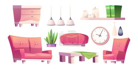 Conjunto de muebles de salón rosa aislados sobre fondo blanco. Ilustración de dibujos animados vectorial de acogedor sofá pastel, sillón y puf, cajón de madera y mesa, reloj de pared, estante, diseño interior moderno