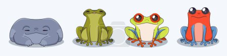 Niedlichen aquatischen und tropischen Frosch Charakter in verschiedenen Farben und Arten. Auf dem Boden sitzend komisches, kindisches Krötentier. Cartoon Vektor Illustration Set von lustigen Amphibienwesen und Frosch-Maskottchen.