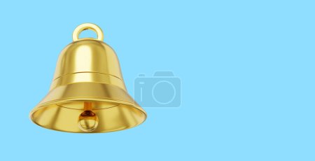 Bell metal gold, notification symbol. 3D rendering. Icon on blue background, space for text