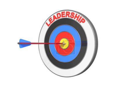 An arrow flies and hits the target of a text LEADERSHIP. Concept of target, success, solution. 3D illustration.