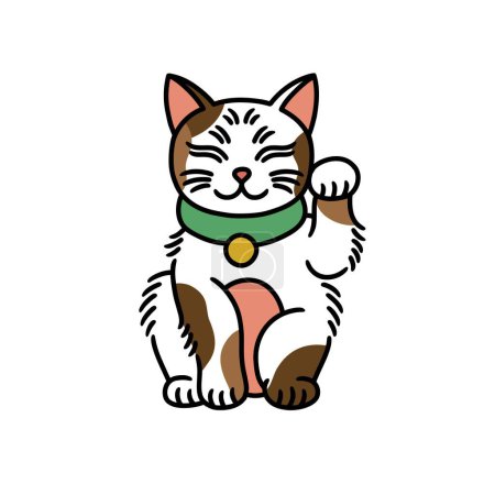 Téléchargez les illustrations : Maneki neko cat, symbole japonais de bonne chance icône doodle, illustration vectorielle de ligne de couleur - en licence libre de droit