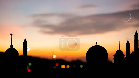 Mosques Dome on Dusk Sunset Twilight Sky and Bokeh Light Background,Islamic New Year Muharram,Islamic Religion Symbols Ramadan and Arabic,Eid al-Adha,Eid al-fitr,Mubarak,Kareem Holy Muslim,Mubarak God