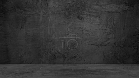 Téléchargez les photos : Studio Room Arrière-plan noir foncé, Produit de table, Texture abstraite plancher de béton Loft, Surface vide espace cuisine comptoir bar étagère gris ciment affichage modèle minimal pierre. - en image libre de droit