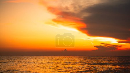 Sunset on Sea Landscape Background, Water Ocean with Dramatic Amazing Sunrise Horizon Summer Nature Tropical, Cloud Sky Orange Yellow Down on Calm Shore Seascape, Beautiful Island Sunlight.