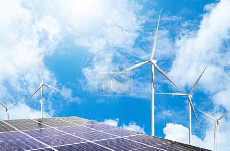 Wind Mill Power Energy Farm with Solar Panel Turbine Cell on Blue Sky Background,Plant Renewable Field Generator windfarm,turbine Electric Sustainable Station Climate Electricity,Eco Environment.