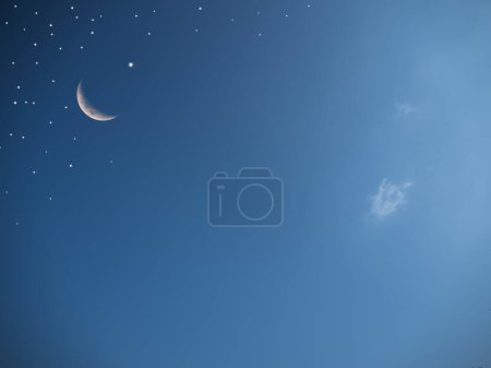 Himmel Ramadan Mond Stern Islam blau Sonnenuntergang Hintergrund Dunkle Wolken Abend Galaxielandschaft, Symbole arabischer muslimischer Gruß Mubarak Dekoration Fotografie Nacht Eid Arabisch Kareem Gruß Holy Dau Allah.