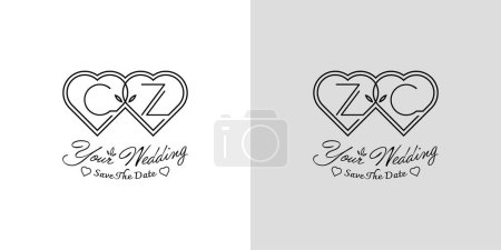 Lettres CZ et ZC Logo d'amour de mariage, pour les couples avec des initiales C et Z