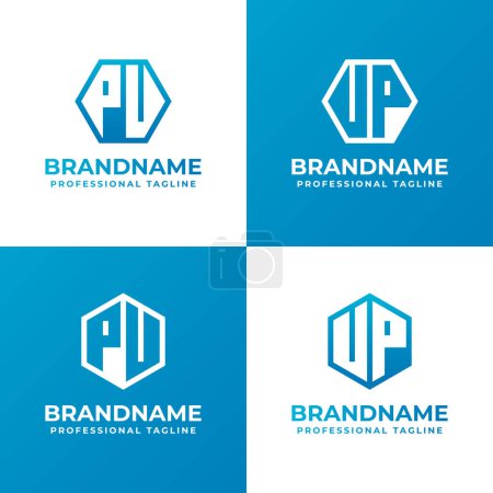 Buchstaben PU oder PV und UP oder VP Hexagon Logo Set, geeignet für Geschäfte mit PU, PV, UP oder VP Initialen
