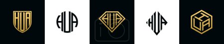 Ilustración de Initial letters HUA logo designs Bundle. This collection incorporated with shield, round, diamond, rectangle and hexagon style logo. Vector template - Imagen libre de derechos