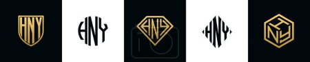 Ilustración de Initial letters HNY logo designs Bundle. This collection incorporated with shield, round, diamond, rectangle and hexagon style logo. Vector template - Imagen libre de derechos