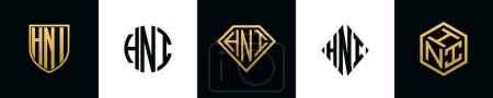 Ilustración de Initial letters HNI logo designs Bundle. This collection incorporated with shield, round, diamond, rectangle and hexagon style logo. Vector template - Imagen libre de derechos