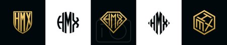 Ilustración de Initial letters HMX logo designs Bundle. This collection incorporated with shield, round, diamond, rectangle and hexagon style logo. Vector template - Imagen libre de derechos