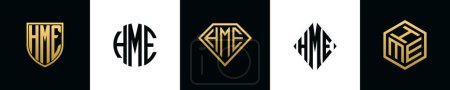 Ilustración de Initial letters HME logo designs Bundle. This collection incorporated with shield, round, diamond, rectangle and hexagon style logo. Vector template - Imagen libre de derechos