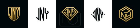 Ilustración de Initial letters JNY logo designs Bundle. This collection incorporated with shield, round, diamond, rectangle and hexagon style logo. Vector template - Imagen libre de derechos