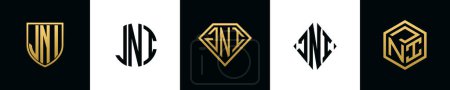 Ilustración de Initial letters JNI logo designs Bundle. This collection incorporated with shield, round, diamond, rectangle and hexagon style logo. Vector template - Imagen libre de derechos
