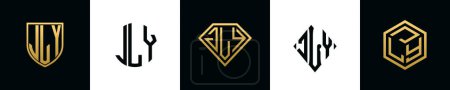 Letras iniciales JLY logo designs Bundle. Esta colección incorporada con escudo, redondo, diamante, rectángulo y logotipo de estilo hexágono. Plantilla vectorial