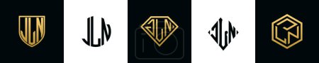 Ilustración de Letras iniciales JLN logo designs Bundle. Esta colección incorporada con escudo, redondo, diamante, rectángulo y logotipo de estilo hexágono. Plantilla vectorial - Imagen libre de derechos