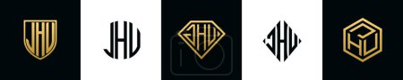 Letras iniciales JHU logo designs Bundle. Esta colección incorporada con escudo, redondo, diamante, rectángulo y logotipo de estilo hexágono. Plantilla vectorial