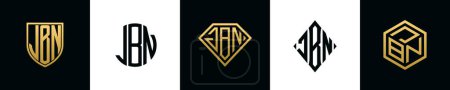 Letras iniciales JBN logo designs Bundle. Esta colección incorporada con escudo, redondo, diamante, rectángulo y logotipo de estilo hexágono. Plantilla vectorial