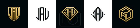 Anfangsbuchstaben JAU Logo Designs Bundle. Diese Kollektion mit Schild, rund, Diamant, Rechteck und Sechseck-Logo. Vektorvorlage