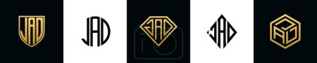 Letras iniciales JAD logo designs Bundle. Esta colección incorporada con escudo, redondo, diamante, rectángulo y logotipo de estilo hexágono. Plantilla vectorial