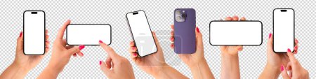 Mobile phones mockup. Collage of different phone angles in hand, transparent background pattern.