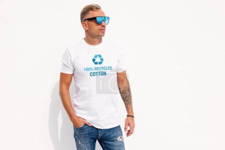 Photo for Man wearing shirt made from recycled cotton - Royalty Free Image