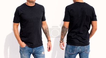 Model wearing black men's t-shirt, mockup for your own design