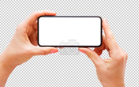Photo for Person holding phone in hands, mockup for phone camera. Transparent pattern background. - Royalty Free Image