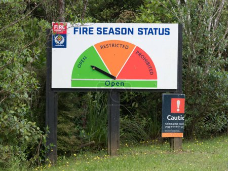 Photo for A roadside sign indicates the fire season status in a forested area. A dial shows three options ,open, restricted and prohibited.Climate change and global warming - Royalty Free Image