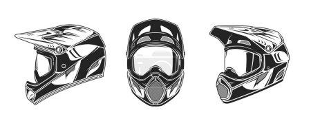 Illustration for Vector black and white mountain biking full face helmets with goggles - Royalty Free Image