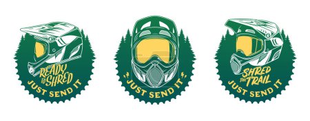 Illustration for Set of vector mountain biking badges with full face helmet, goggles and pine trees - Royalty Free Image